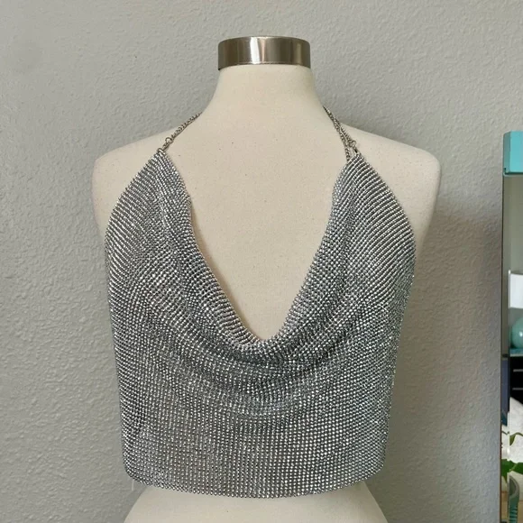 NWT Bodyrage Silver Chainmail Halter Top OSFM Clubwear Sexy New - Picture 1 of 9